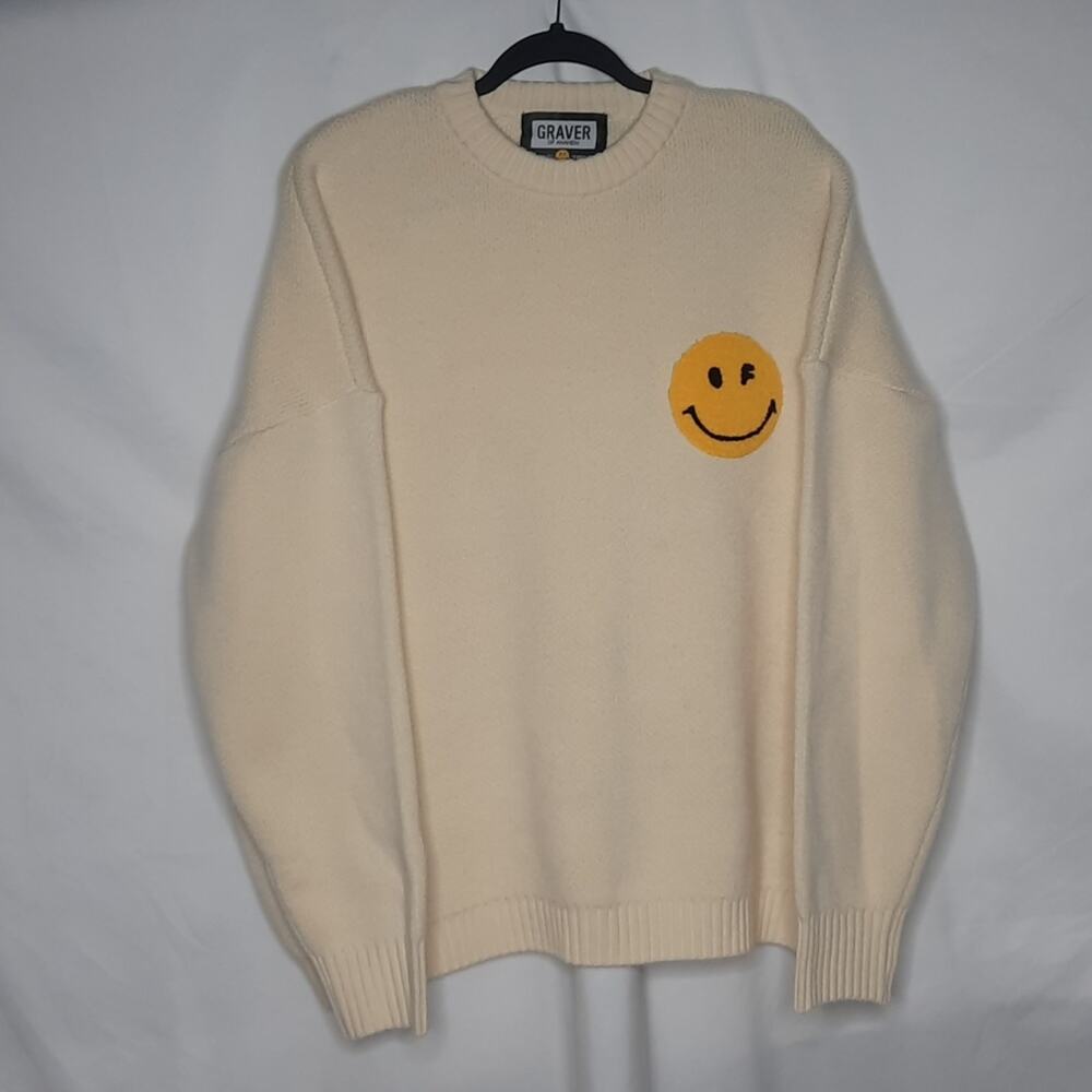 Graver of Anaheim Unisex Oversized Crew Neck  Smiley Face Sweater Cream